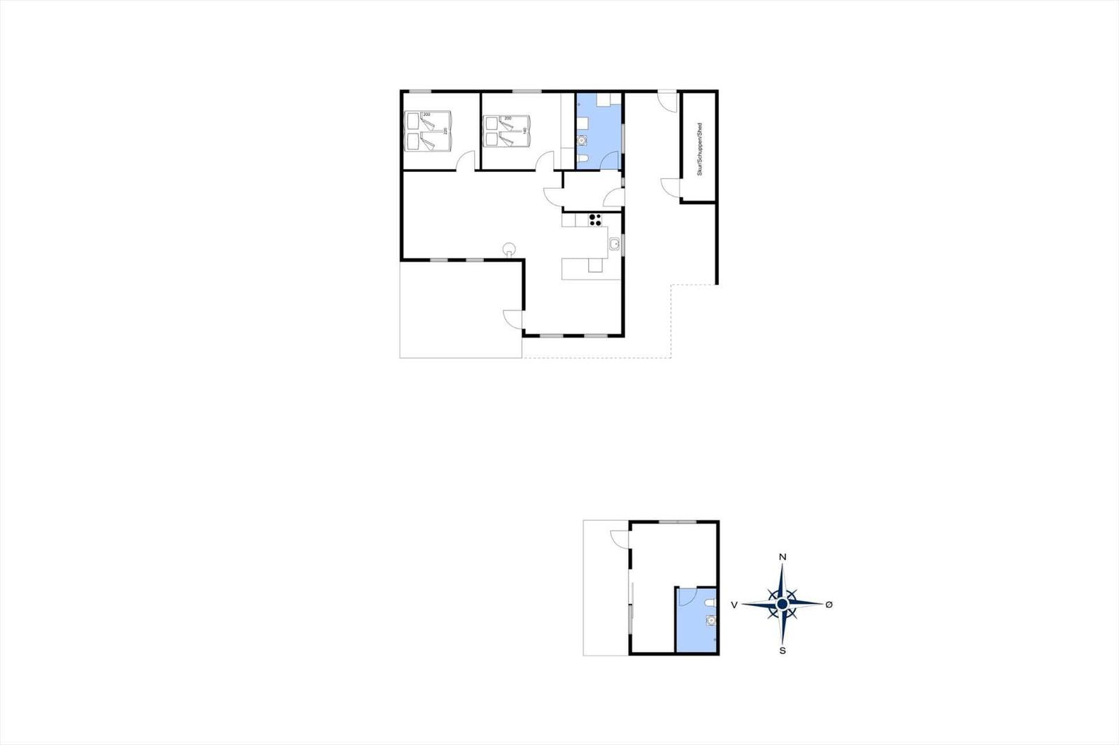 Floor plan shows living area with two bedrooms, kitchen, and bathroom.