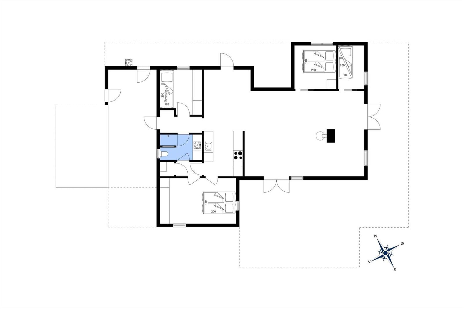 Grundriss einer Wohnung mit Küche, Bad, Schlafzimmer und Wohnbereich.