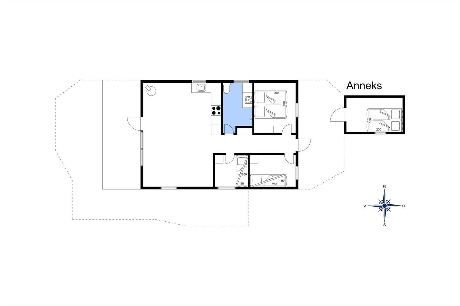 Apartment with kitchen, bathroom, and sleeping areas. Annex with separate bedroom.
