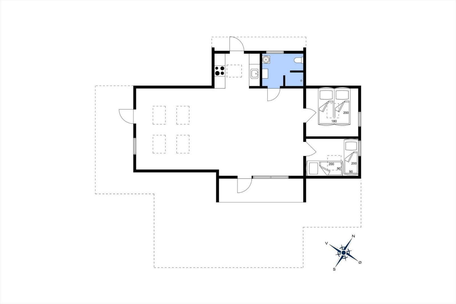 Dieses Apartment hat eine Küche, ein Bad, zwei Schlafzimmer und eine offene Wohnfläche.