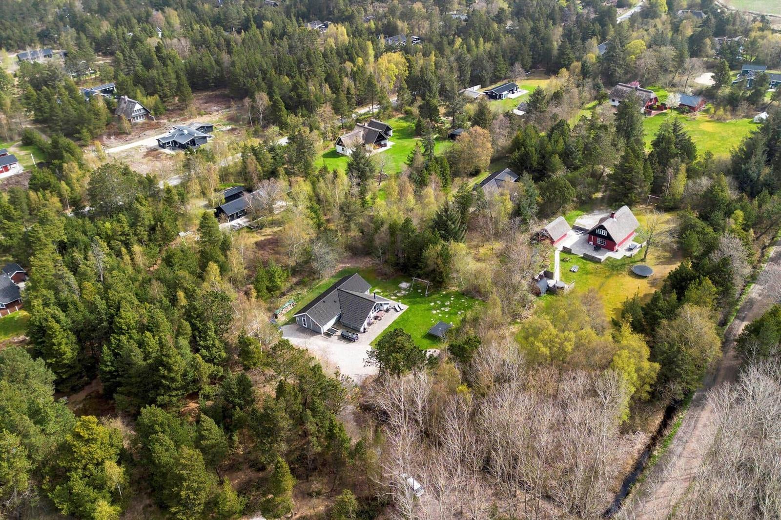 Luftbild von Ferienhäusern in einem bewaldeten Gebiet mit grünen Wiesen und Wald.