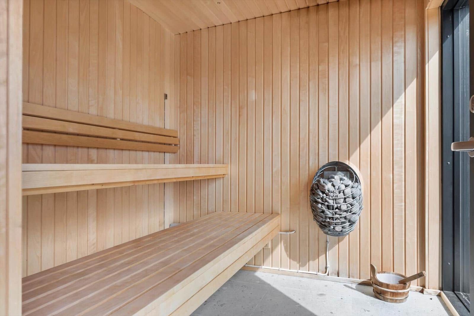 Sauna mit Holzbank, Steinbehälter und Eingangstür