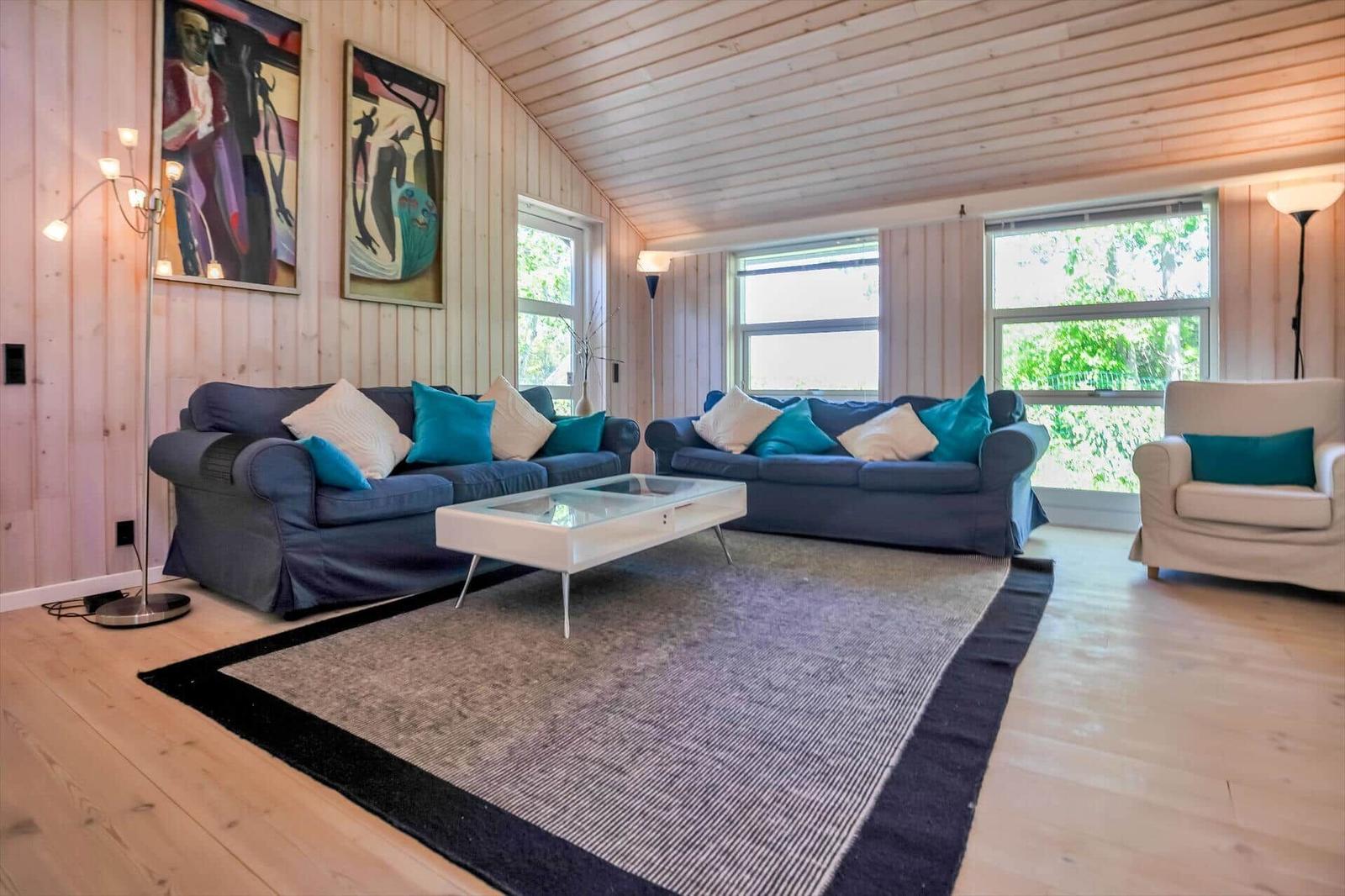 Wohnzimmer mit zwei Sofas, Teppich und Fenstern.