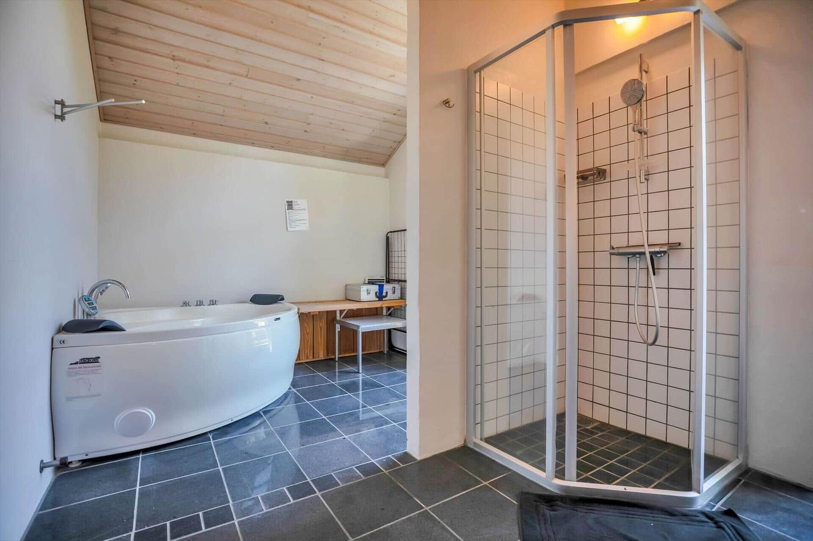Bad mit Dusche und Whirlpoolbad. Holzdecke und Fliesenboden.