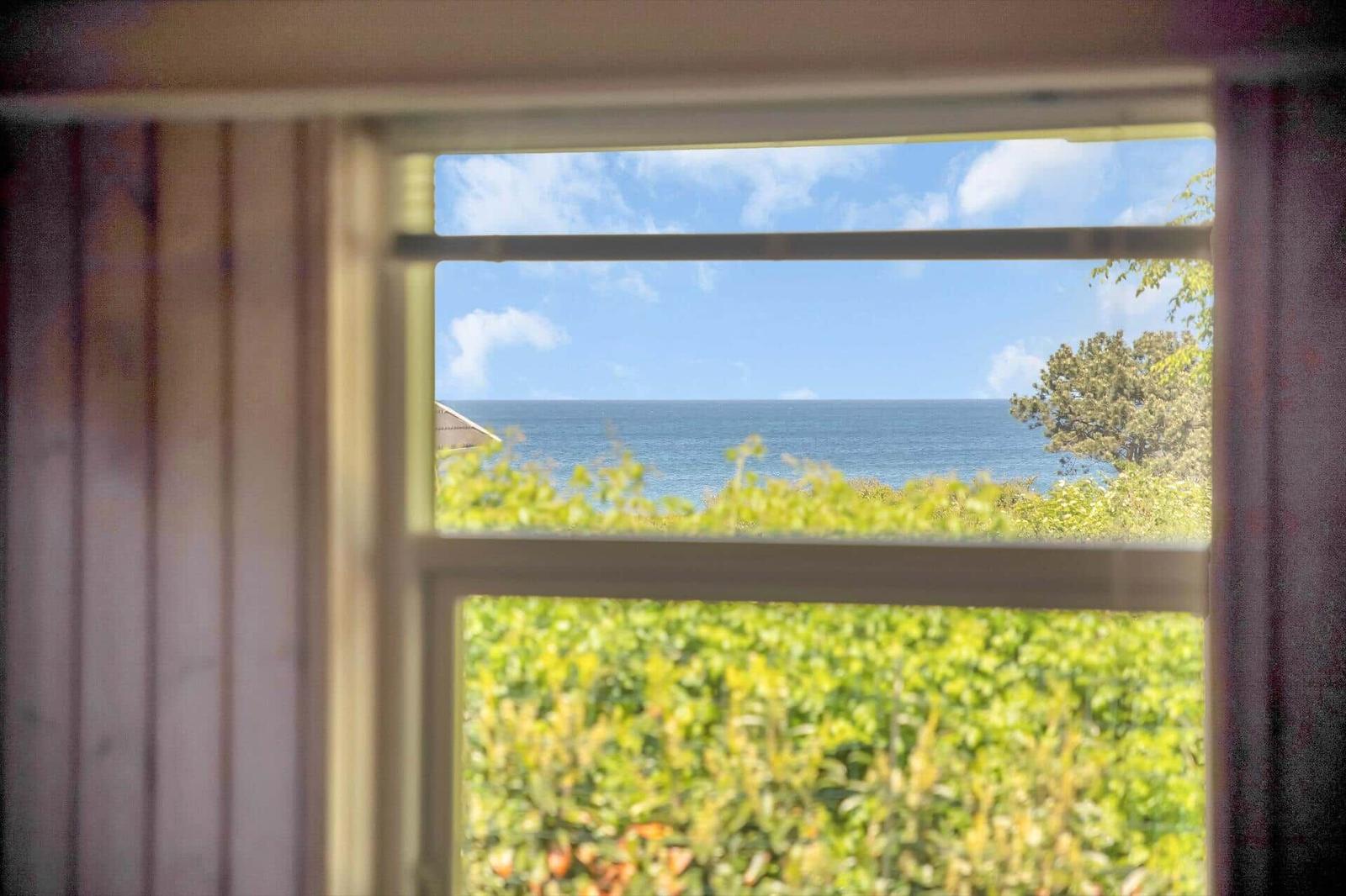 Durch das Fenster blickt man auf das Meer und grüne Pflanzen.