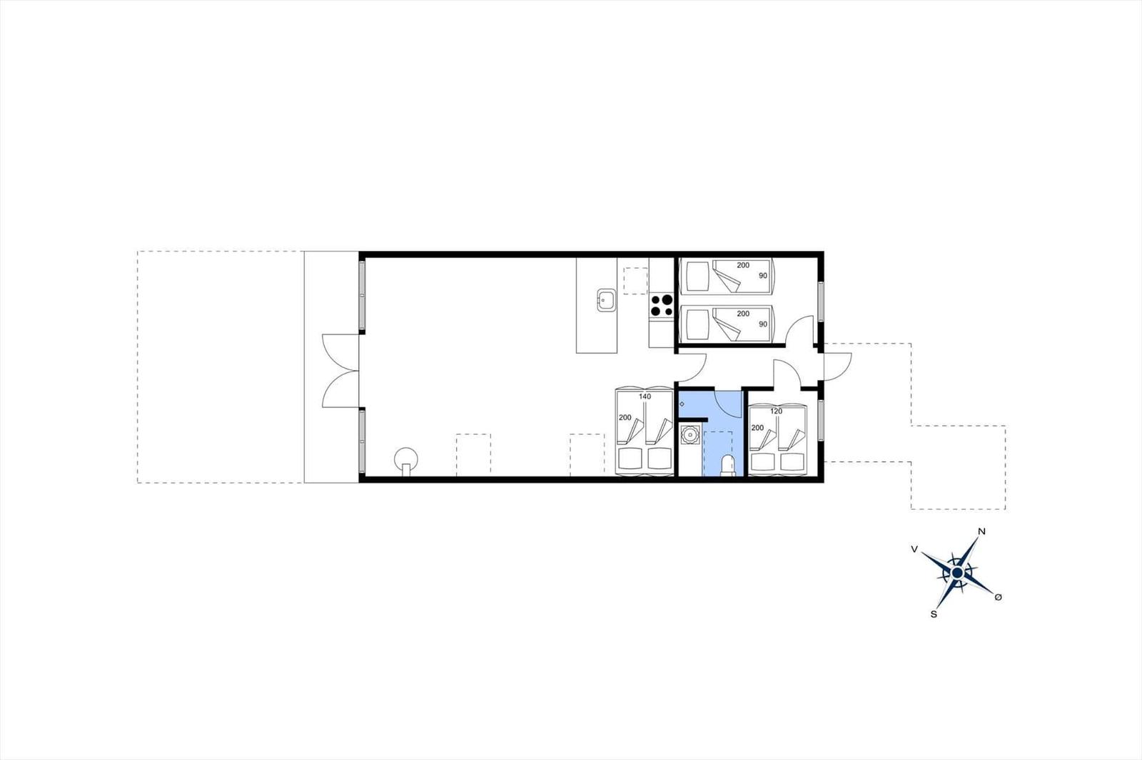 Dieses Grundriss zeigt eine Wohnung mit Küche, zwei Schlafzimmern und einem Bad.