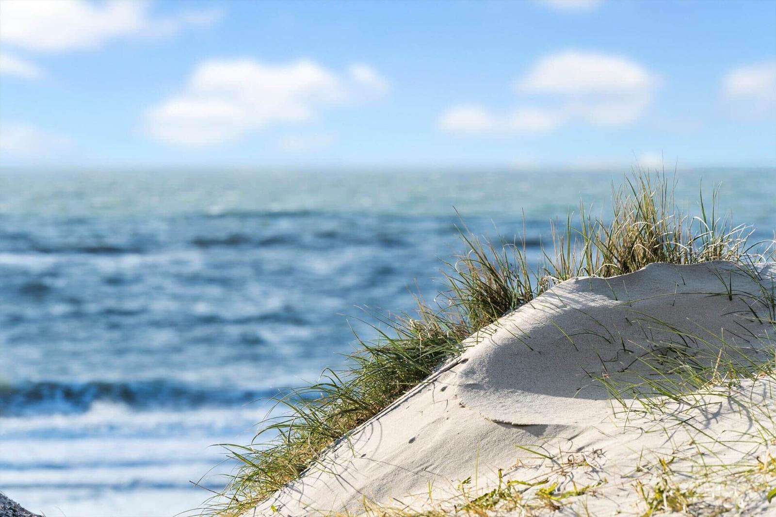 Sandhügel mit Gras am Strand, Blick auf das Meer und den blauen Himmel.