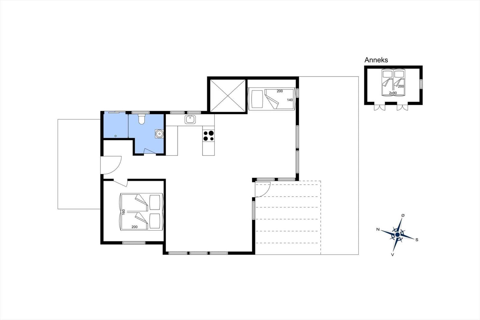 Wohnung mit Küche, Bad und Schlafzimmer. Anhang mit zwei Schlafplätzen.
