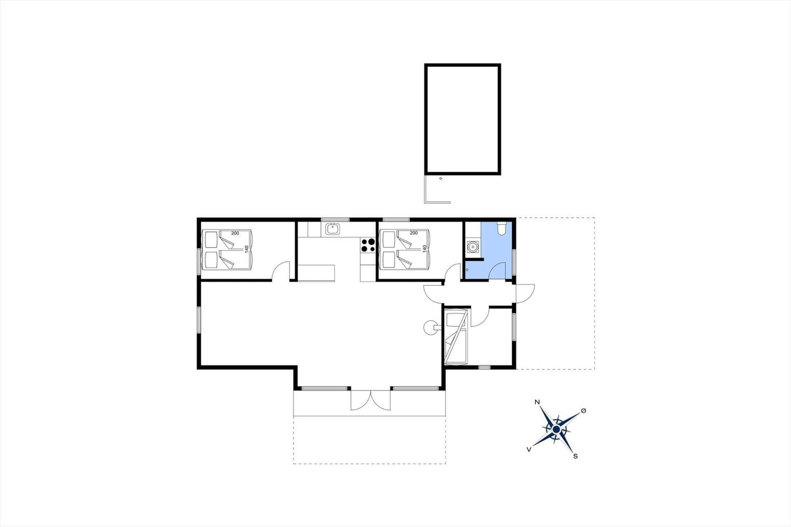 Dieses Grundrissbild zeigt eine Wohnung mit zwei Schlafzimmern, Küche, Bad und Terrasse.