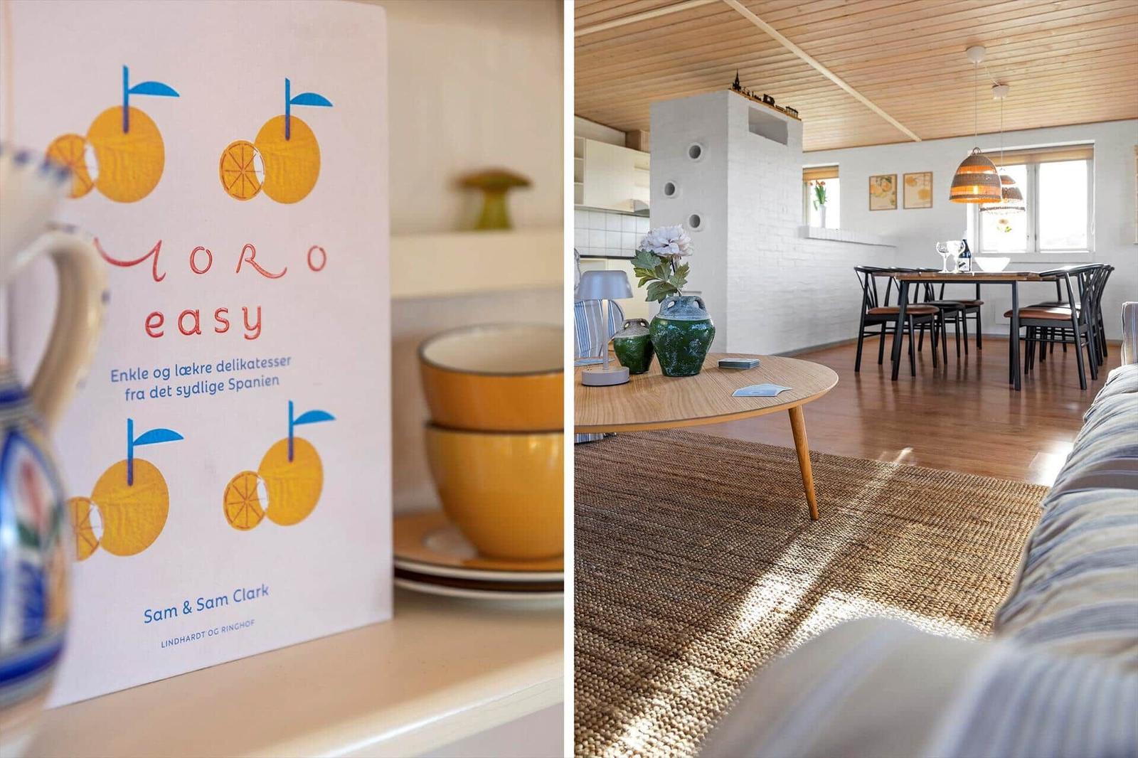 Ein Buch mit Zitronenmotiv und ein Wohnzimmer mit Holzboden und Esstisch.
