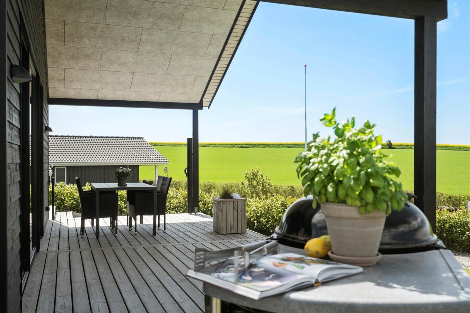 Terrasse mit Grill und Sitzgruppe, Blick auf grüne Wiesen und einen weiteren Gartenhaus.