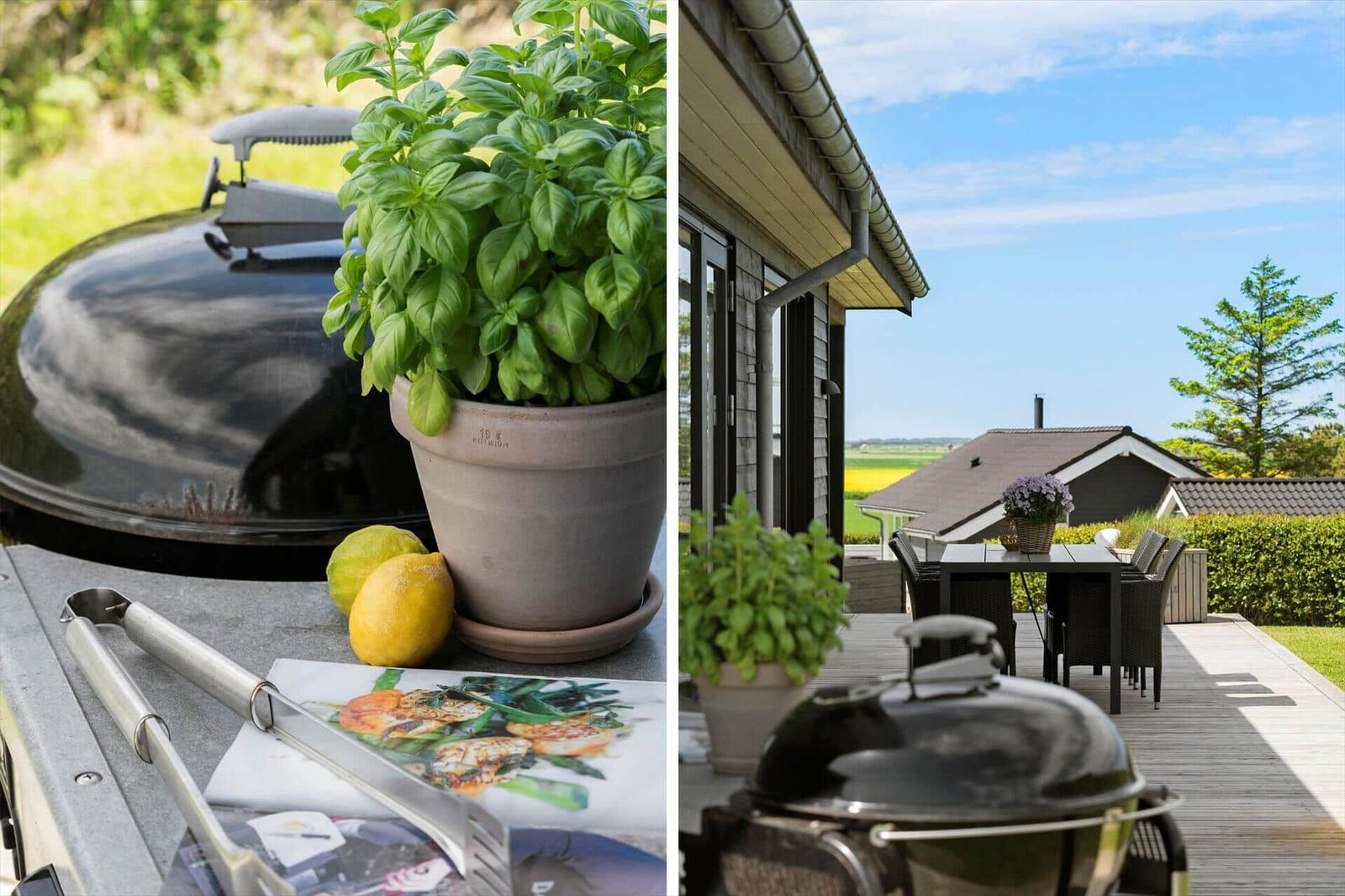 Terrasse mit Grill, Pflanzen und Tisch. Blick auf Felder und Himmel.