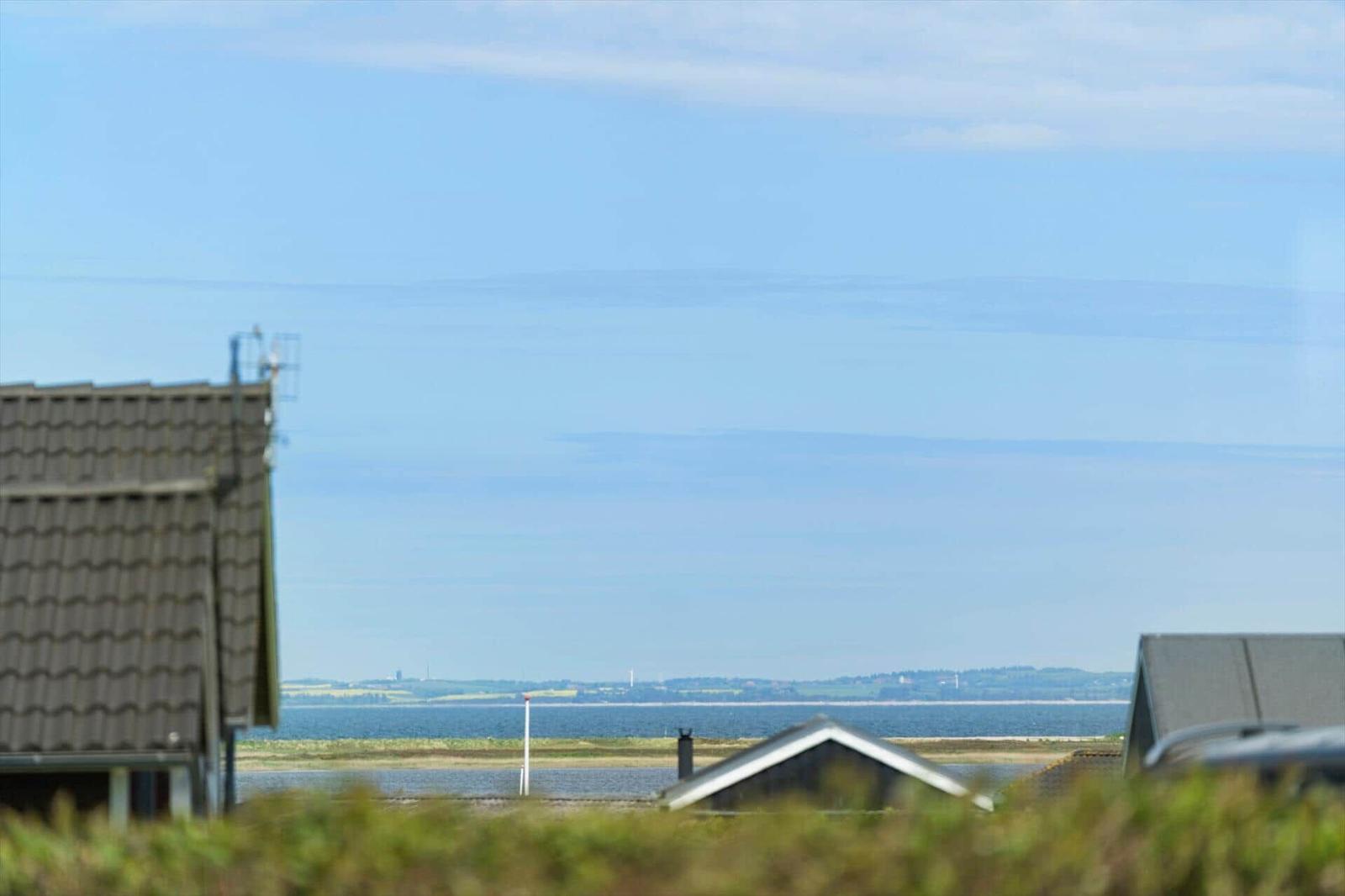 Ausblick auf See und Horizont mit Häusern im Vordergrund.