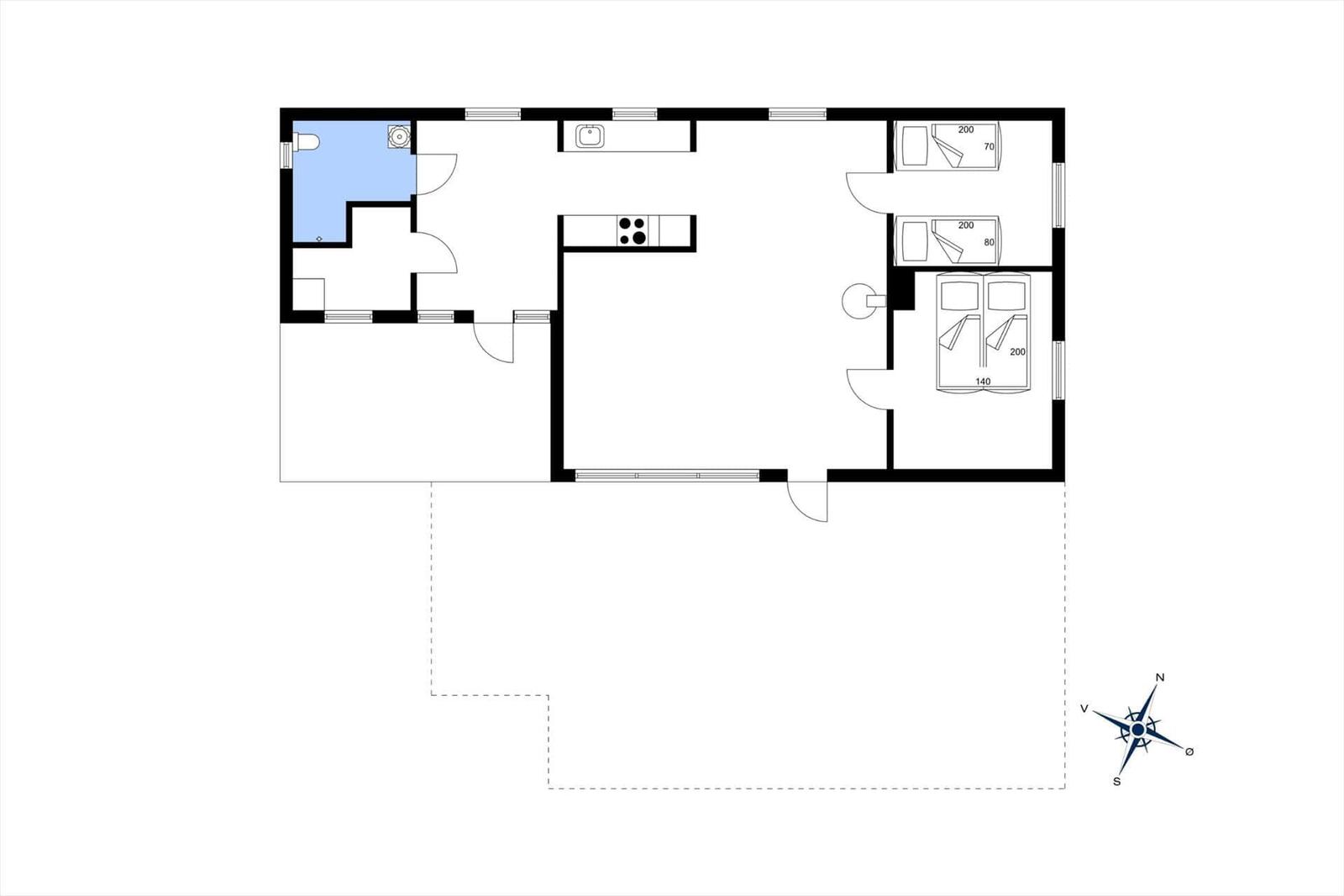 Wohnung mit drei Schlafzimmern, Küche und Bad. Grundriss mit Orientierung.