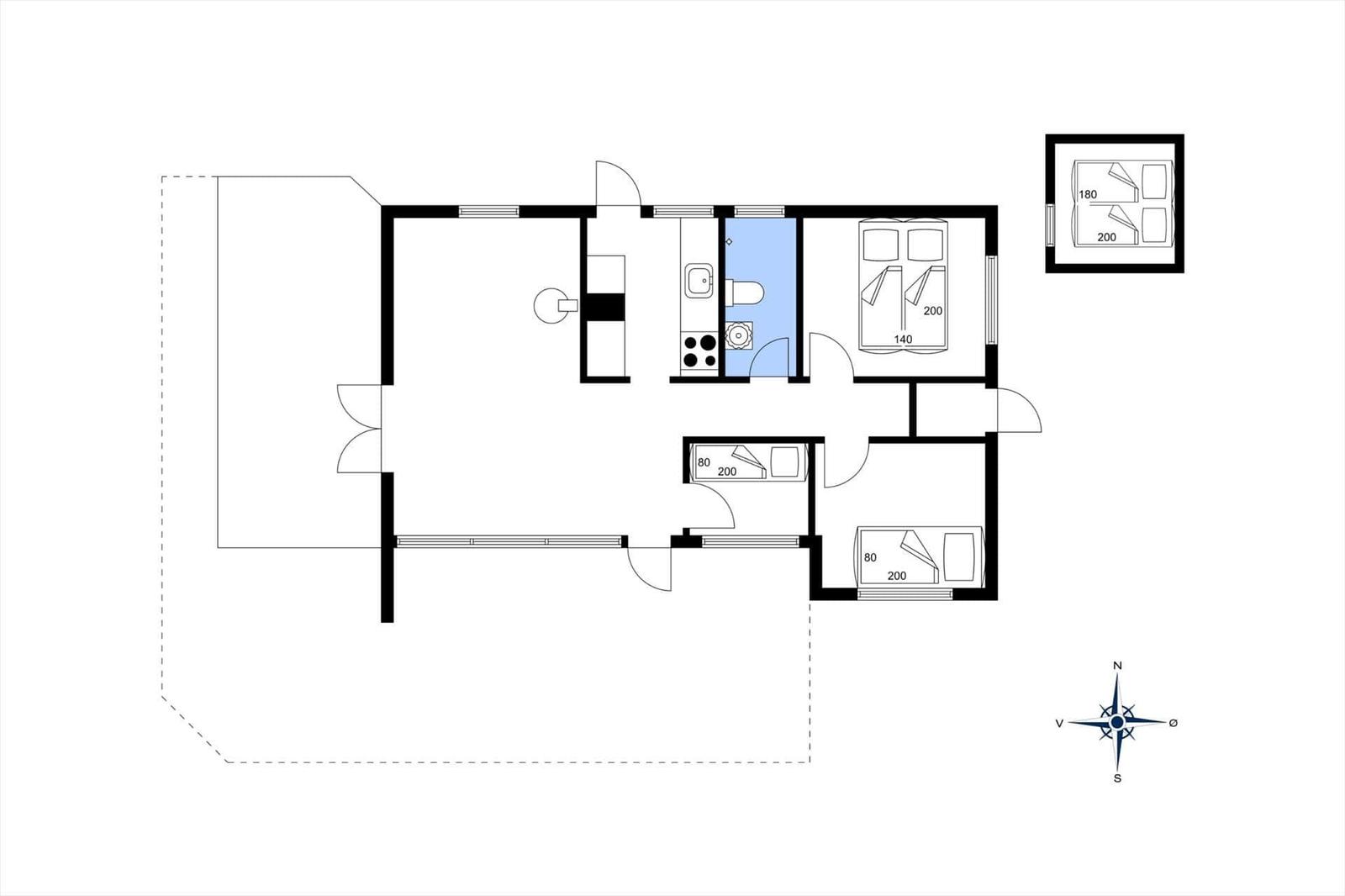 Apartment with kitchen, bathroom, and three bedrooms with beds.