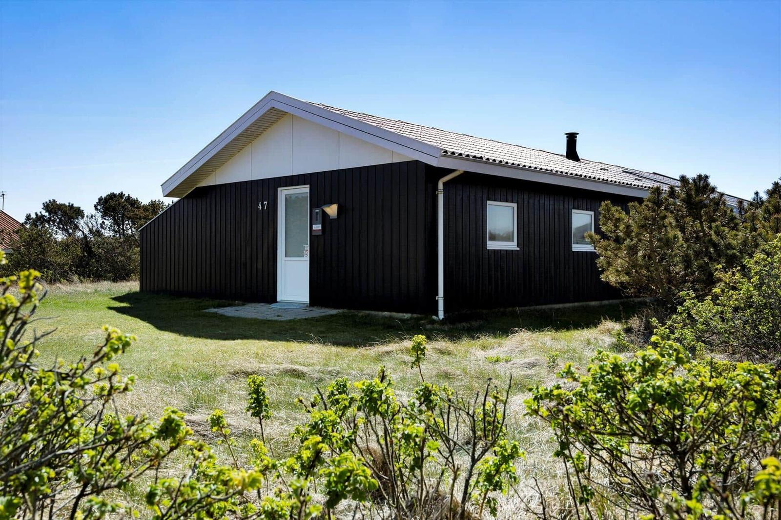 Moderne Hütte mit dunkler Fassade und weißer Tür. Umgeben von Gras und Sträuchern.