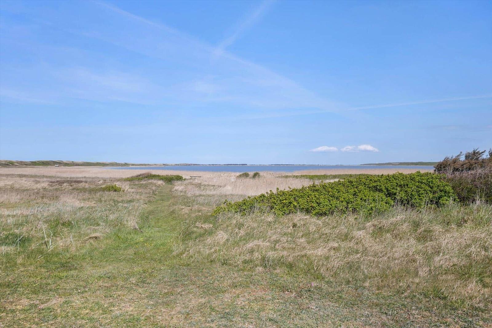 Wiesenweg führt zum Wasser unter blauem Himmel mit wenigen Wolken.