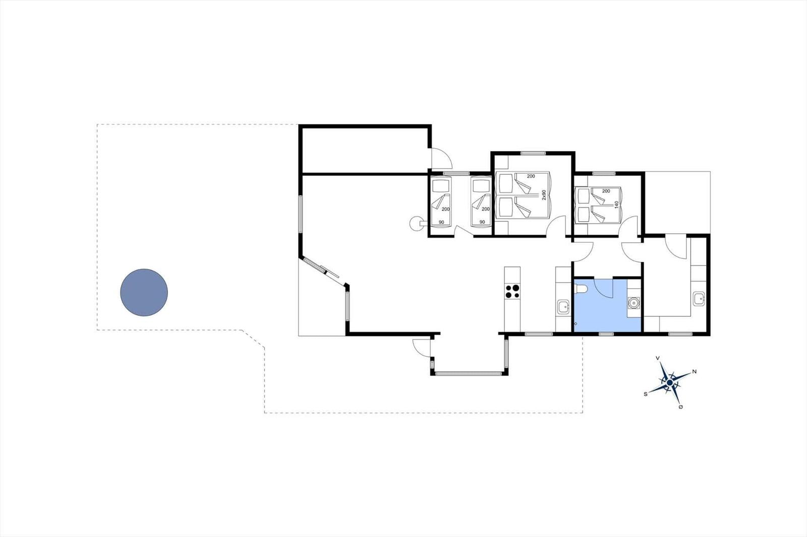 Dieses Grundrissbild zeigt eine Wohnung mit Küche, Bad, Schlafzimmer und Terrasse.