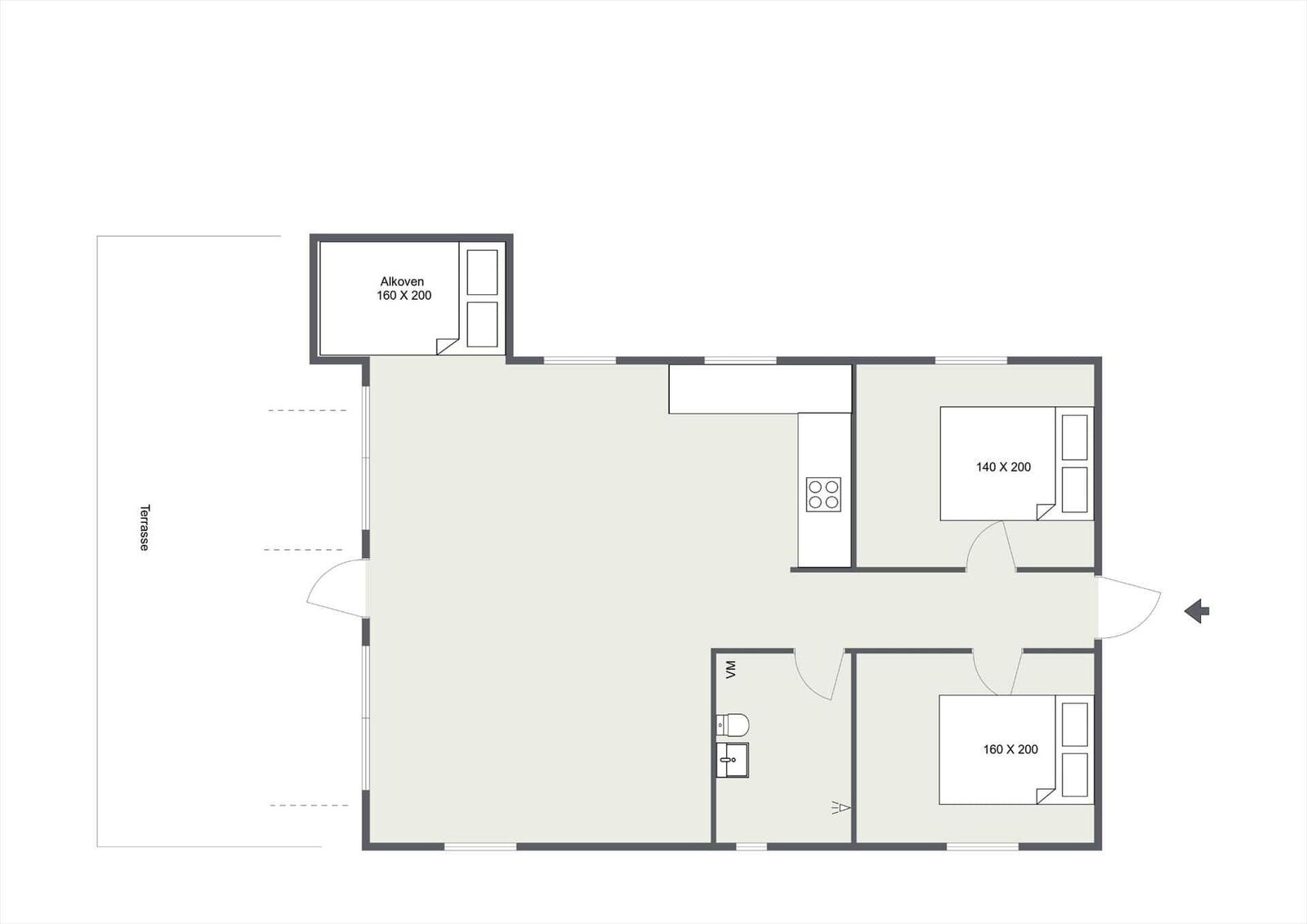 Wohnung mit Terrasse, Schlafzimmer und Küche. Flächenangaben sind eingezeichnet.
