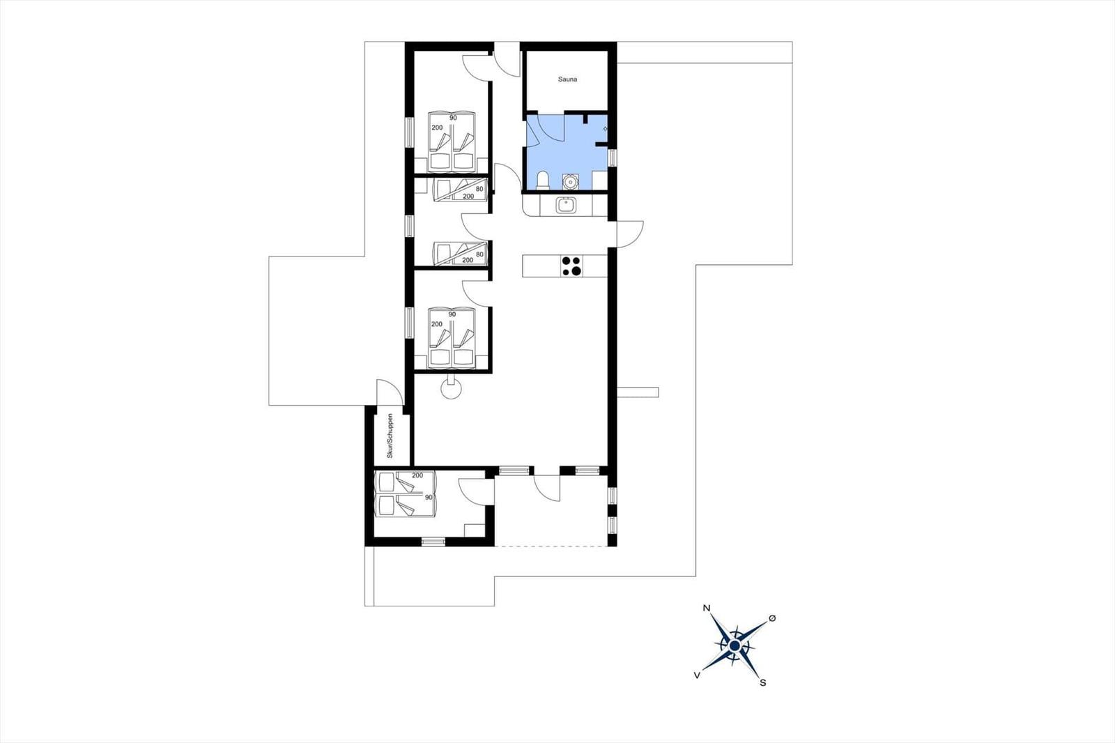 Funktionaler Grundriss mit Sauna, Küche und Schlafzimmern.