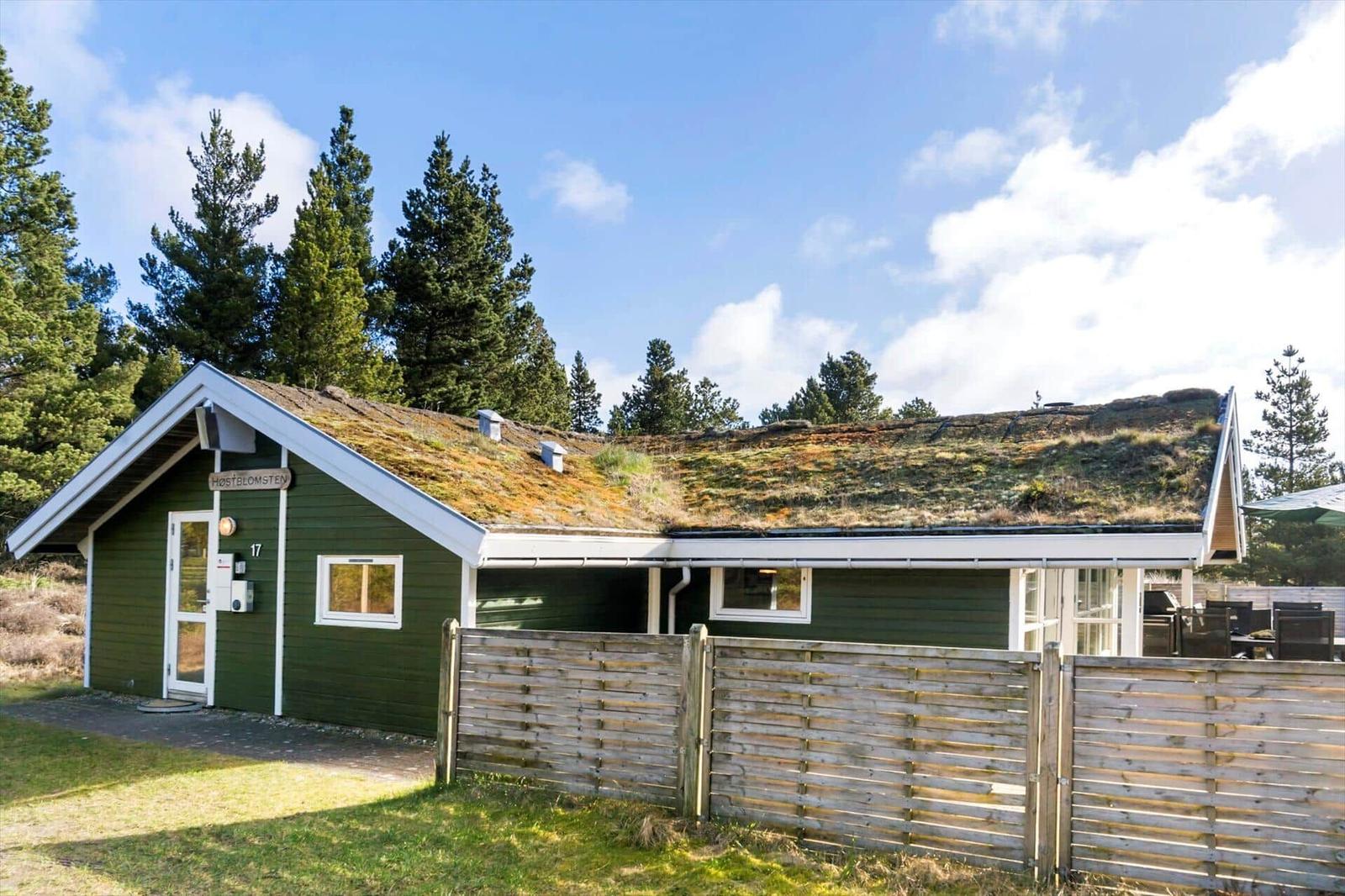 Grünes Holzhaus mit Grasdach, Holzumzäunung und Gartenbereich unter Bäumen.