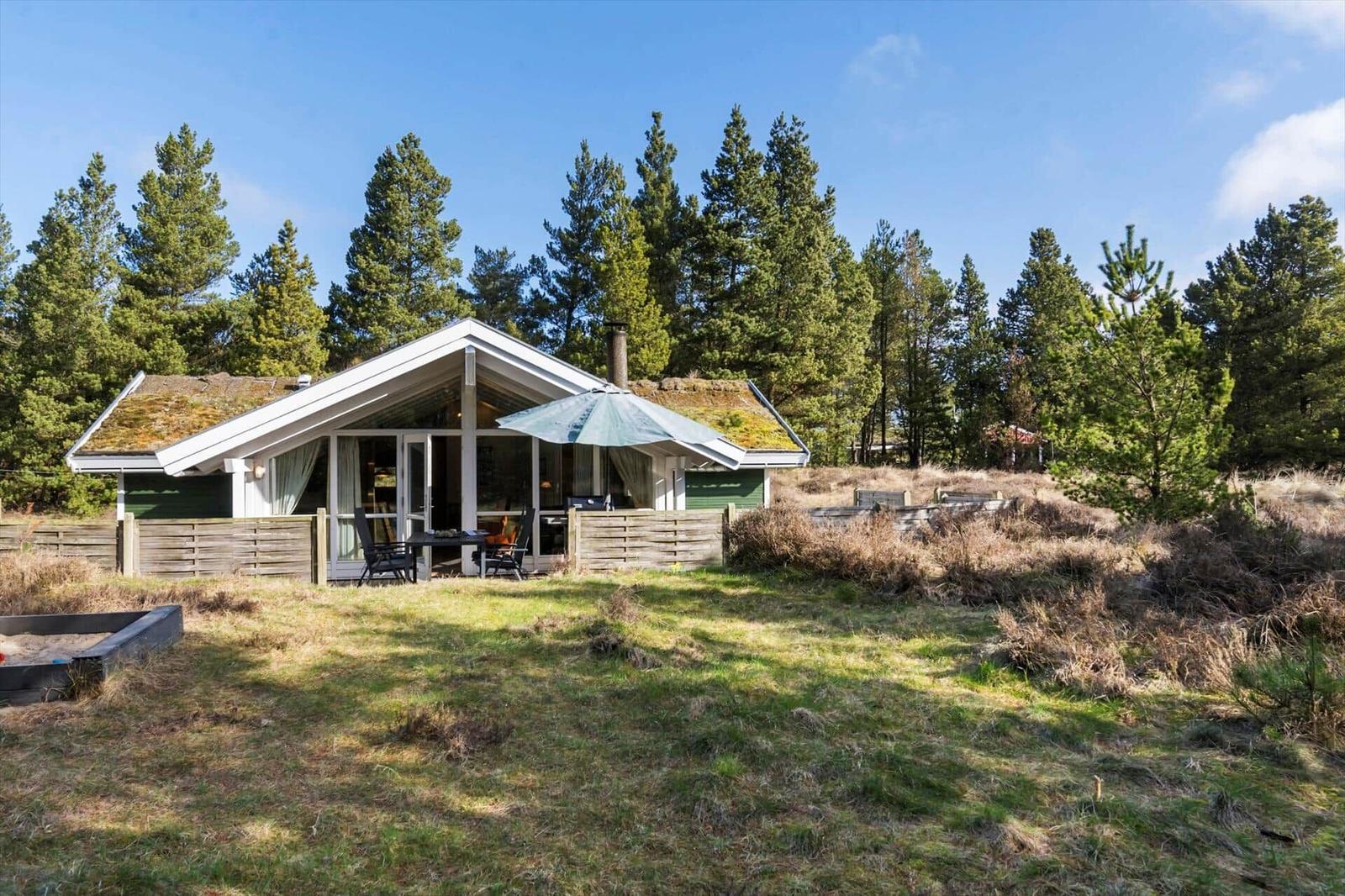 Haus mit grünem Dach, Terrasse und Sitzgelegenheiten im Wald