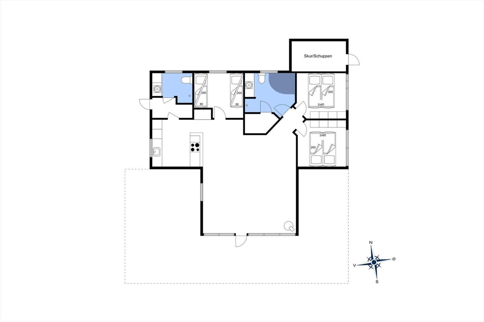 Wohnung mit drei Schlafzimmern, Küche und Bad. Außenbereich mit Garage.