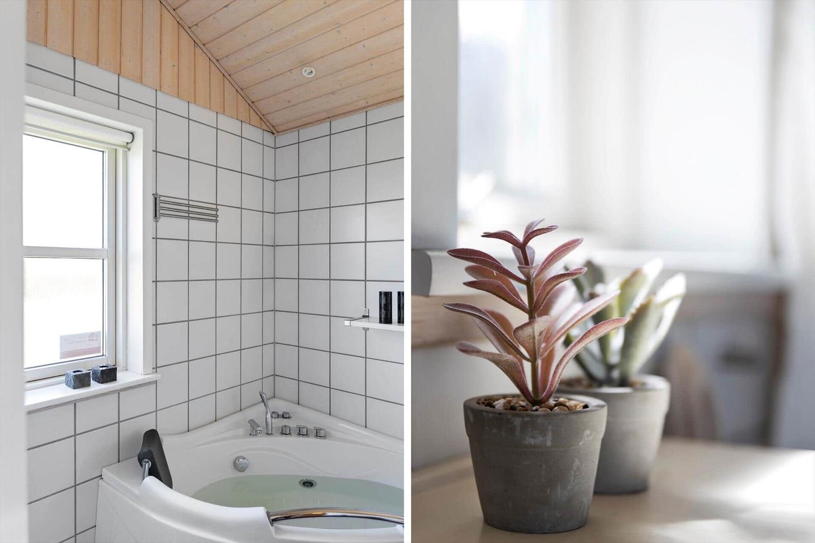 Badezimmer mit Dusche und Fenster. Pflanzen auf Tisch vor Fenster.
