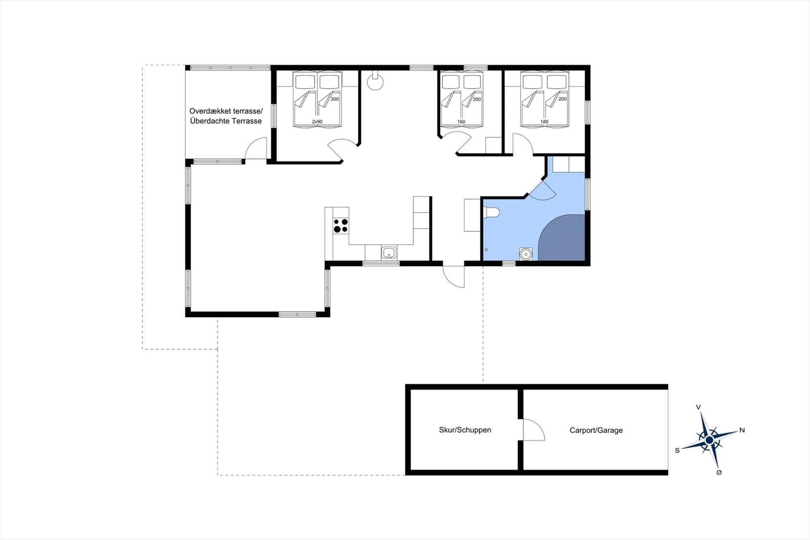 Wohnung mit drei Schlafzimmern, Küche, Bad und überdachter Terrasse.