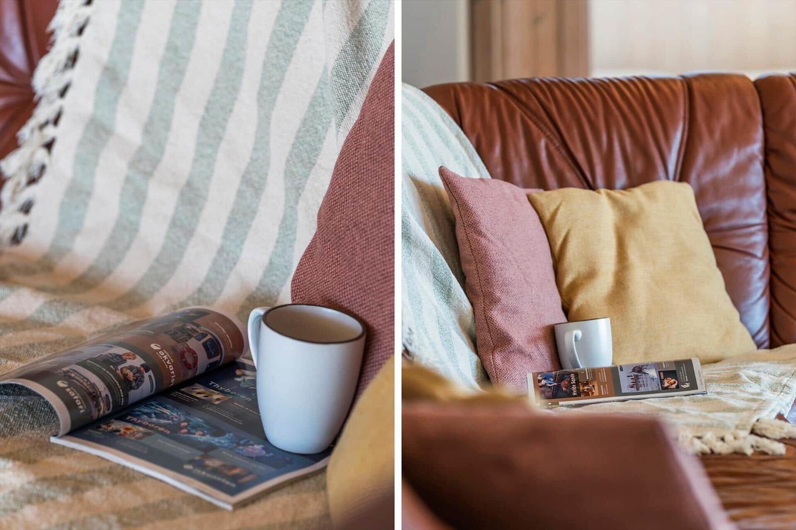 Ein braunes Ledersofa mit Kissen und einer Tasse. Eine Zeitschrift liegt daneben.