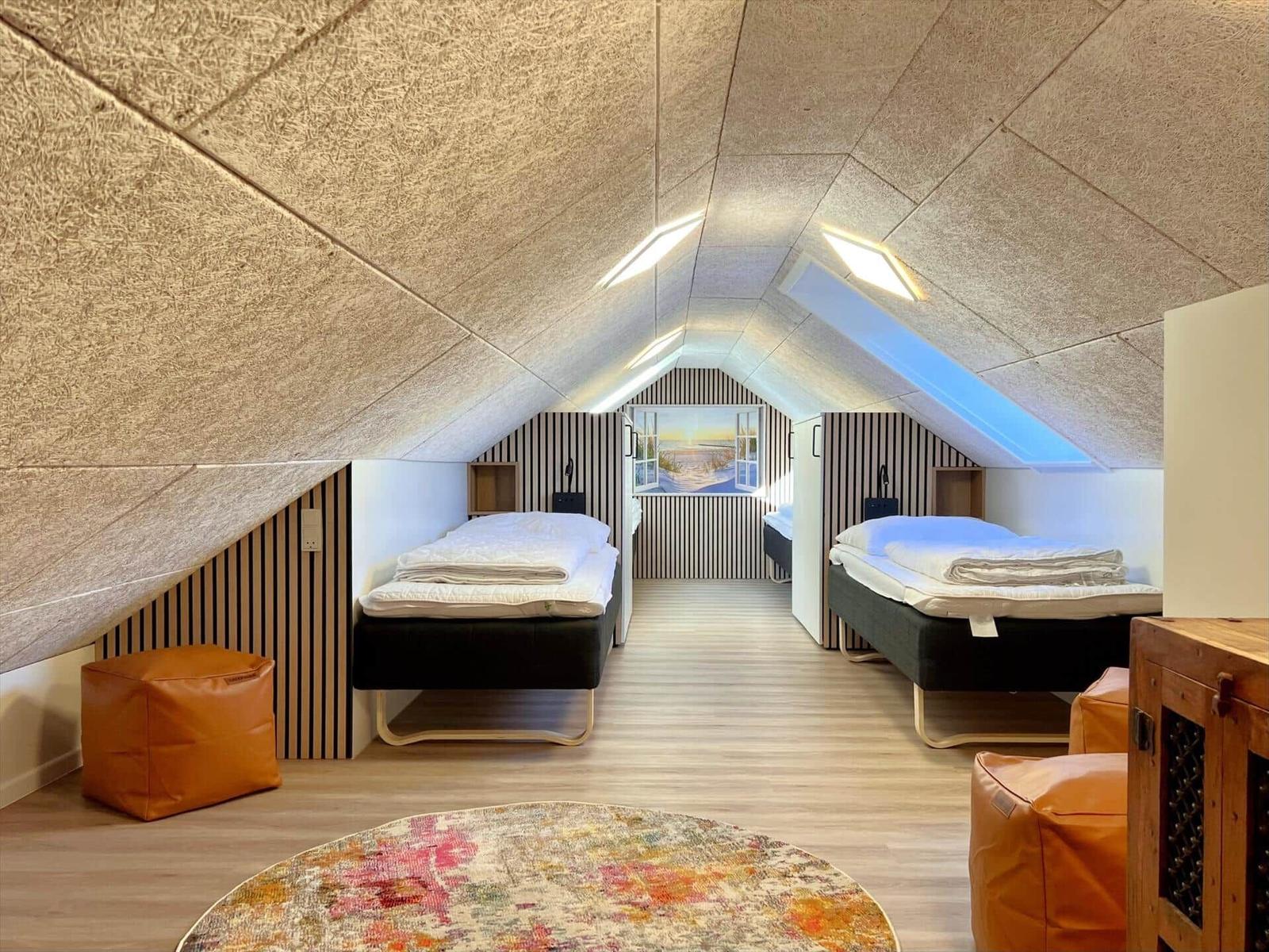 Zimmer mit zwei Betten unter Dachschrägen, Holzboden und Fenster.