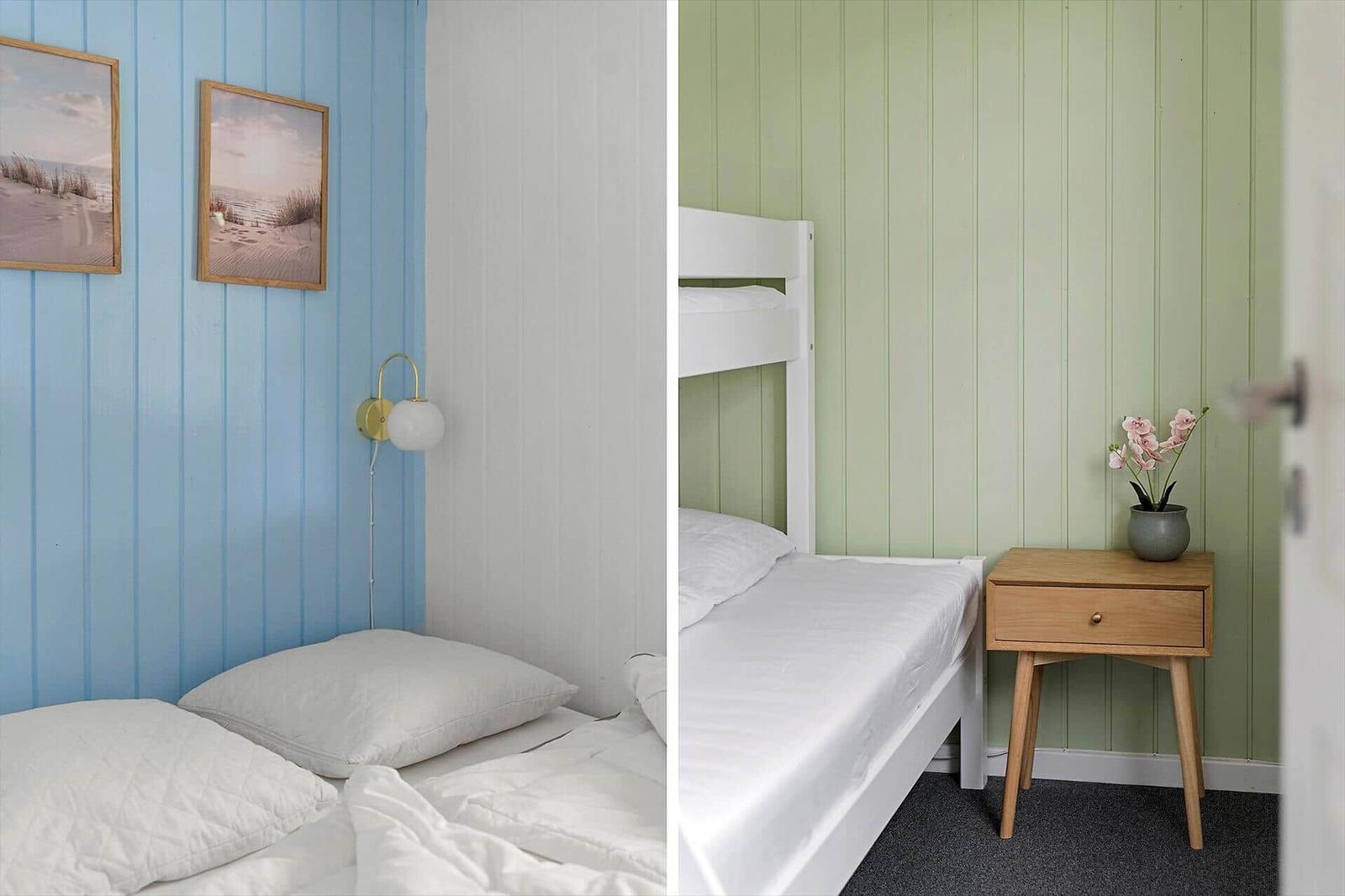 Zwei Schlafzimmer mit Betten, Wandgestaltung und Möbeln.