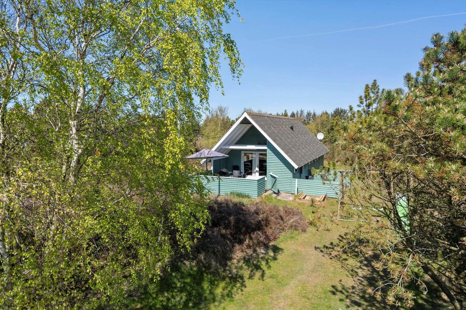 Grünes Ferienhaus mit Terrasse und Grillplatz zwischen Bäumen und Gras.
