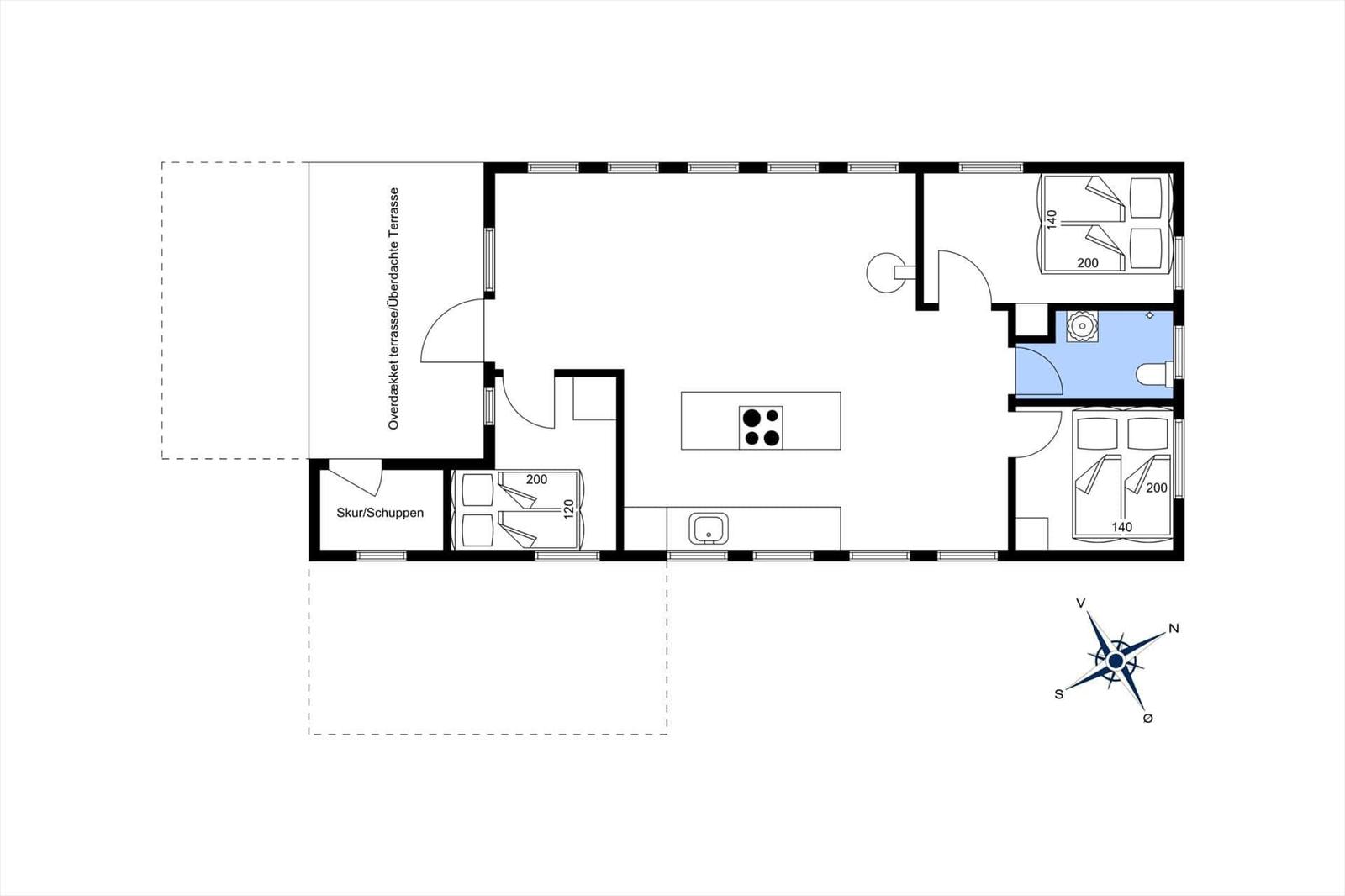 Wohnung mit Küche, zwei Schlafzimmern, Bad und überdachter Terrasse.