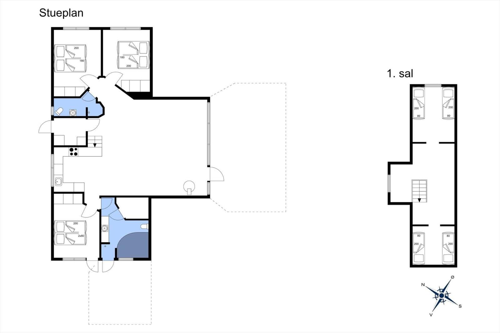 Stueplan zeigt Wohnbereich, Küche und Schlafzimmer mit Bad. 1. sal mit Schlafzimmern und Bad.