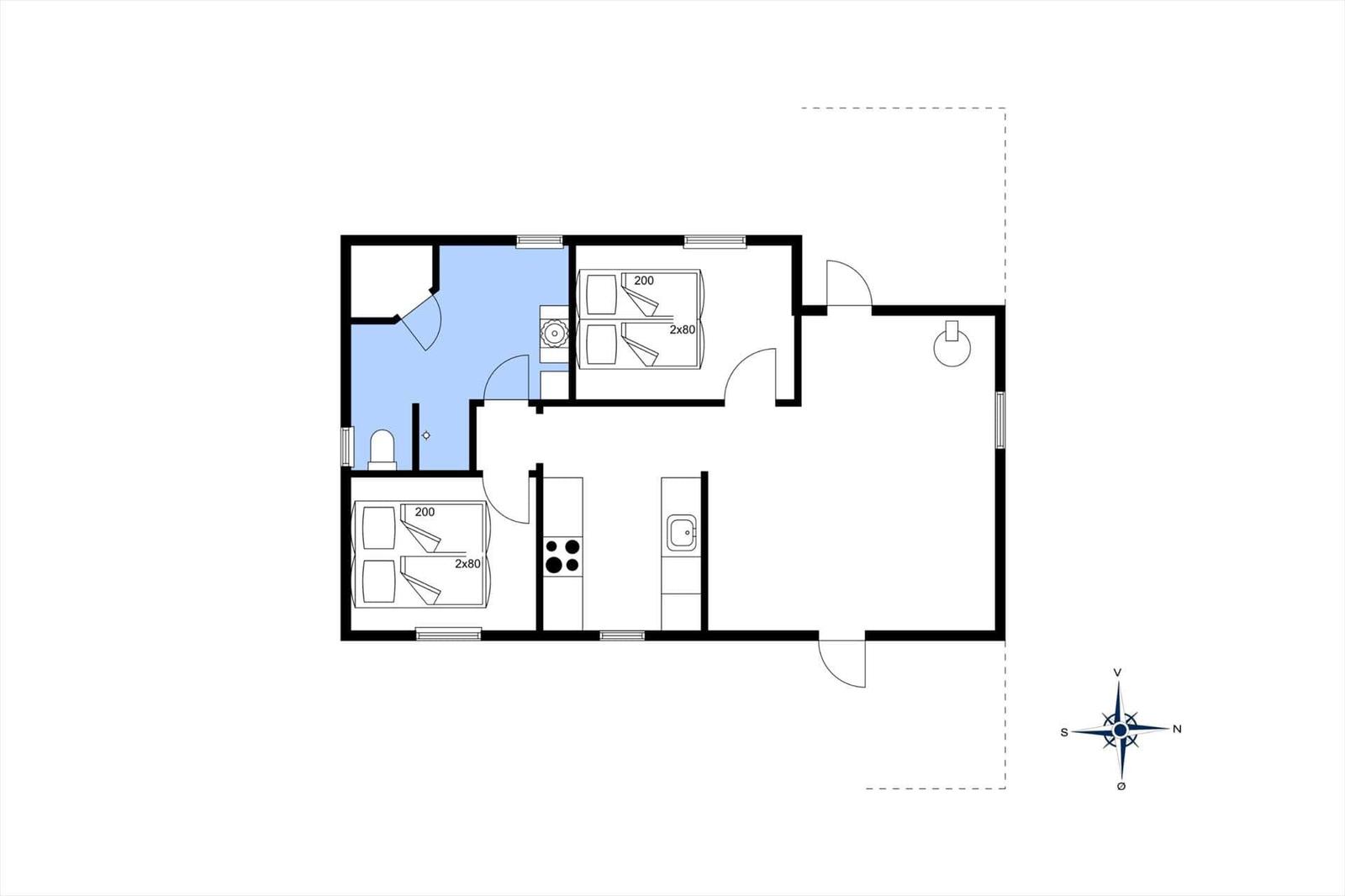 Zweizimmerwohnung mit Küche, Bad und separatem WC. Raumangaben in Meter.