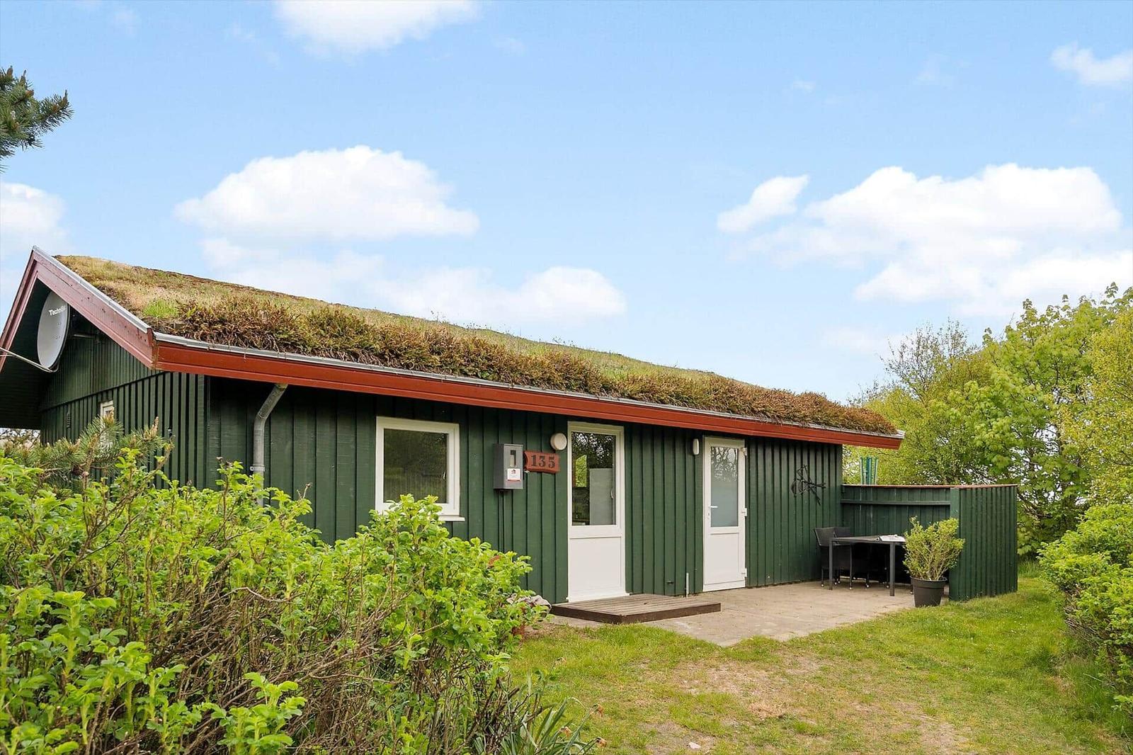 Grünes Holzhaus mit Grasdach, Terrasse und Garten. Zwei Türen und ein Fenster sind sichtbar.