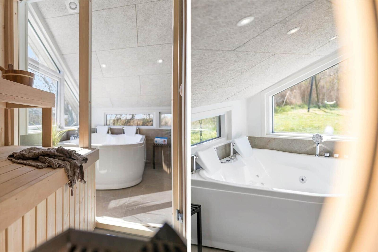 Dusche und Whirlpool mit Holzbank und Fensterblick