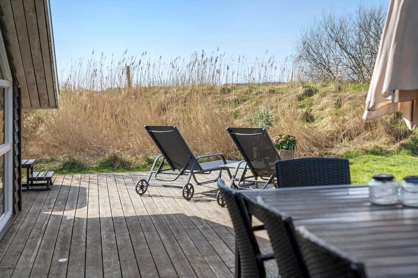 Terrasse mit Liegestühlen und Tisch. Blick auf trockenes Gras und Bäume.