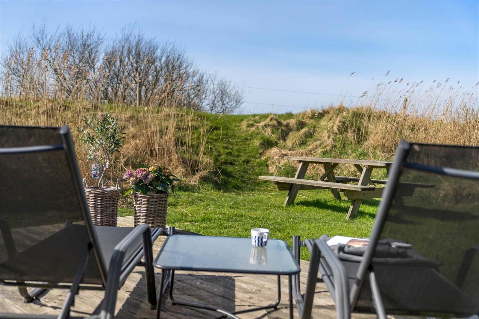 Terrasse mit Liegestühlen und Tisch. Hintergrund: Grasfläche und Picknicktisch.