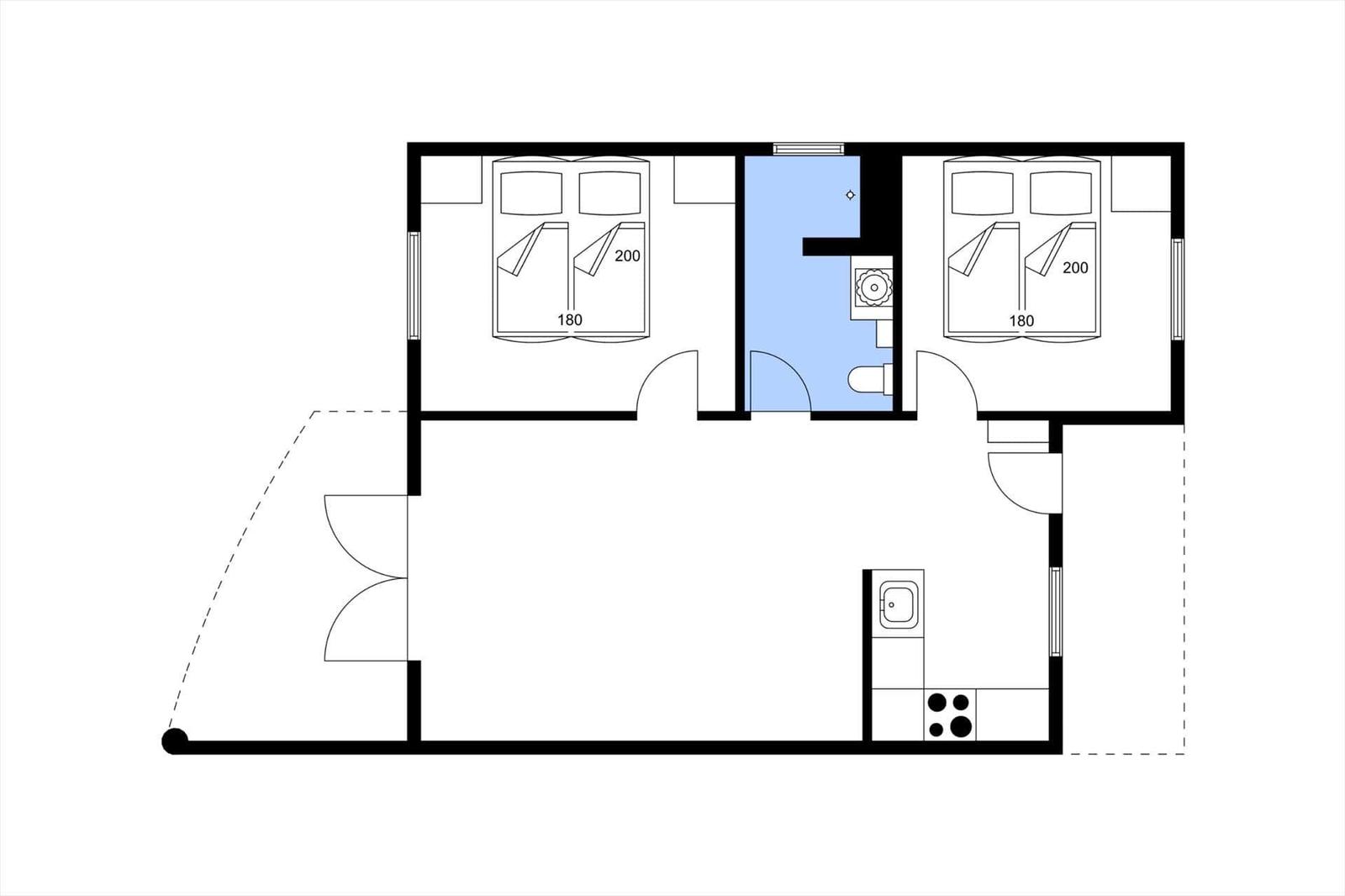 Two bedrooms, kitchen, and bathroom are shown in the floor plan.
