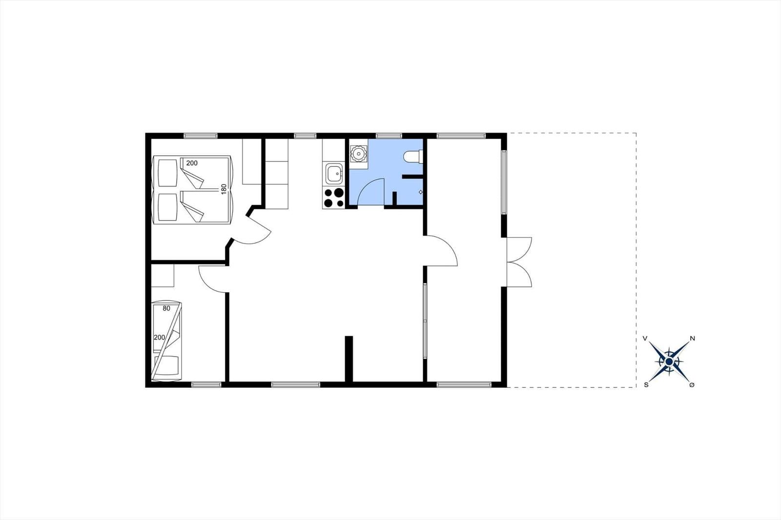 Wohnung mit Schlafzimmer, Küche und Bad. Raumverteilung mit Maßangaben.