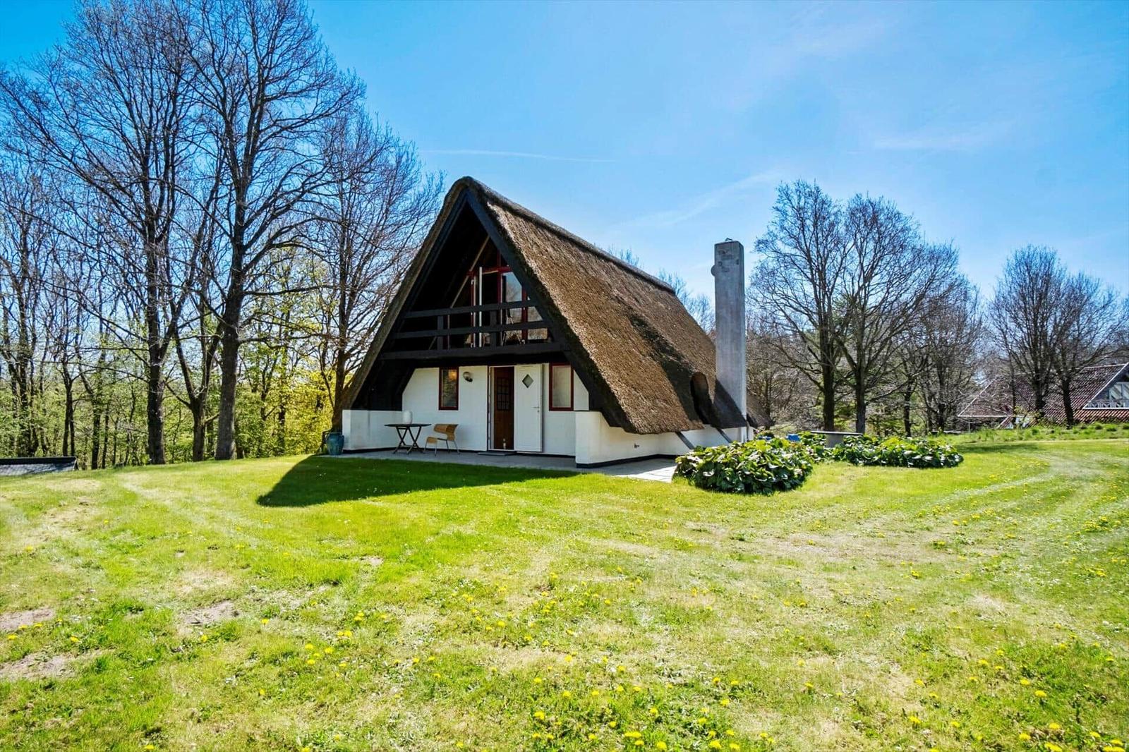 Haus mit Strohdach, Garten und Bäumen unter blauem Himmel.