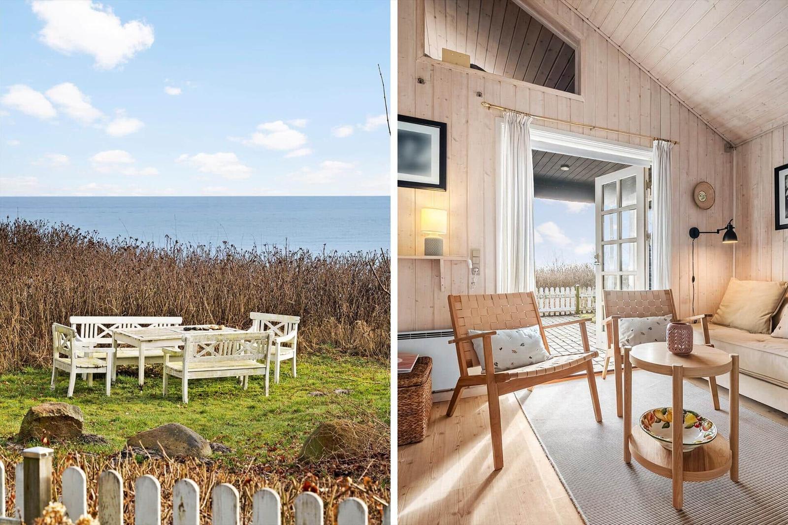 Outdoor area with white table and chairs by the beach. Indoor space with wooden furniture and view to terrace.