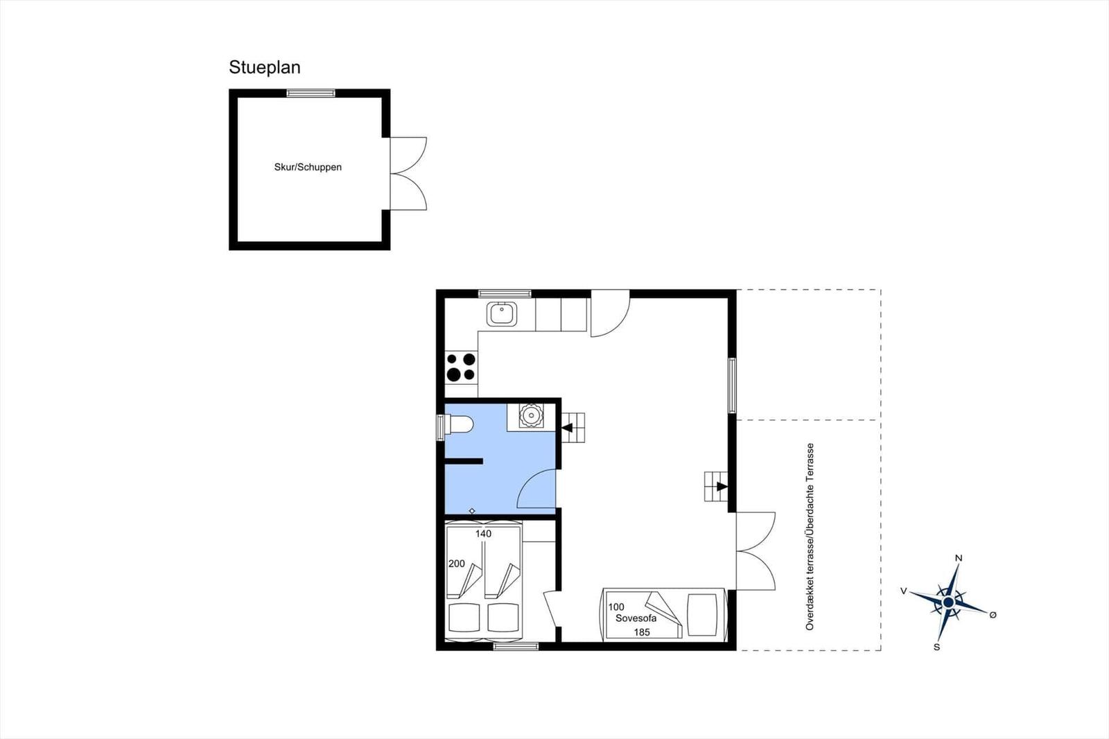 Functional floor plan with bedroom, bathroom, and covered terrace.