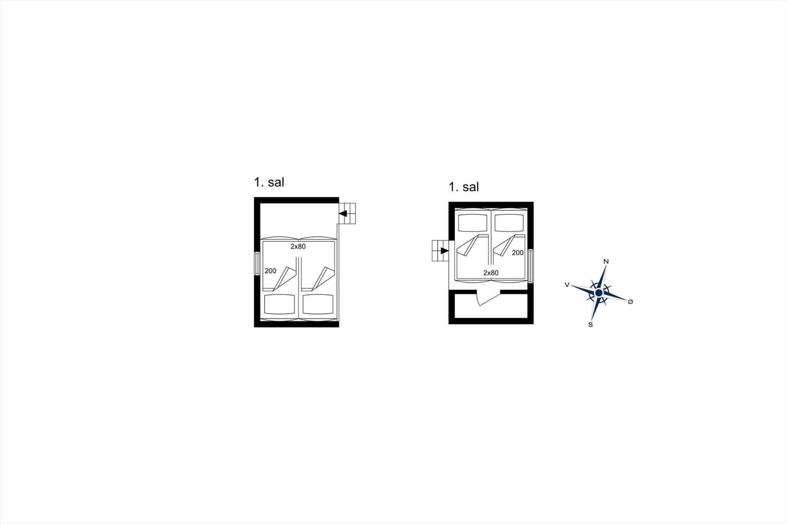 Two views of the first bedroom with beds and door. Compass shows cardinal directions.