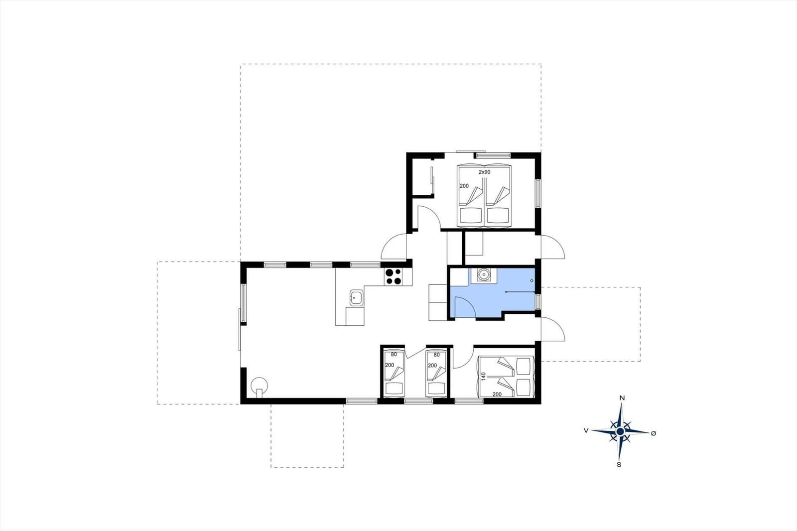 Apartment with three bedrooms, kitchen, and bathroom. Floor plan with compass.