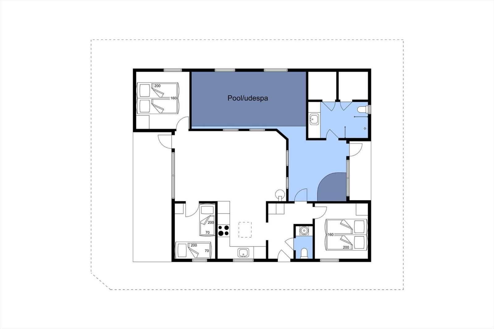 Plan zeigt Wohnfläche mit Pool, Schlafzimmer und Badezimmer.