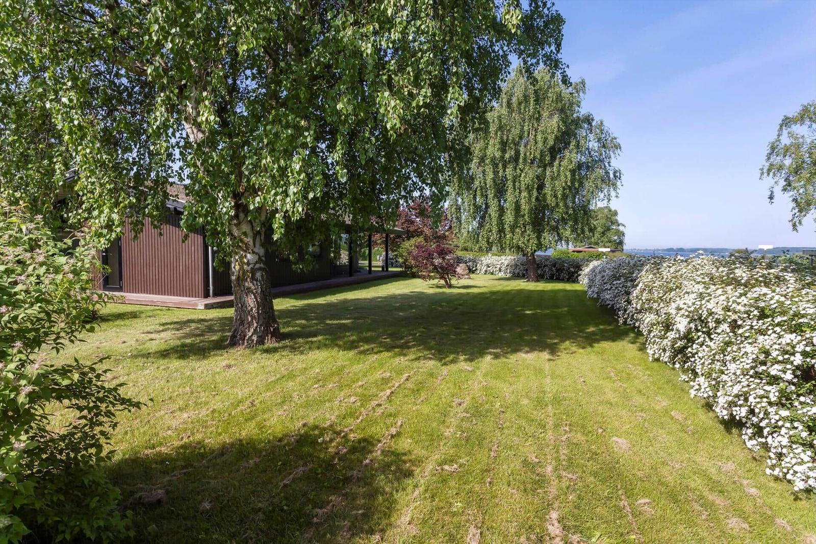 House with garden, trees, and flowering hedge. View of water in the background.