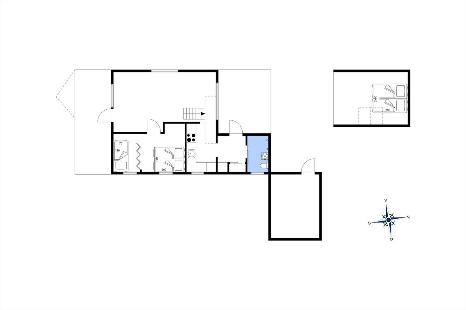 Wohnung Grundriss mit Küche, Schlafzimmer und Bad. Richtung Nord.
